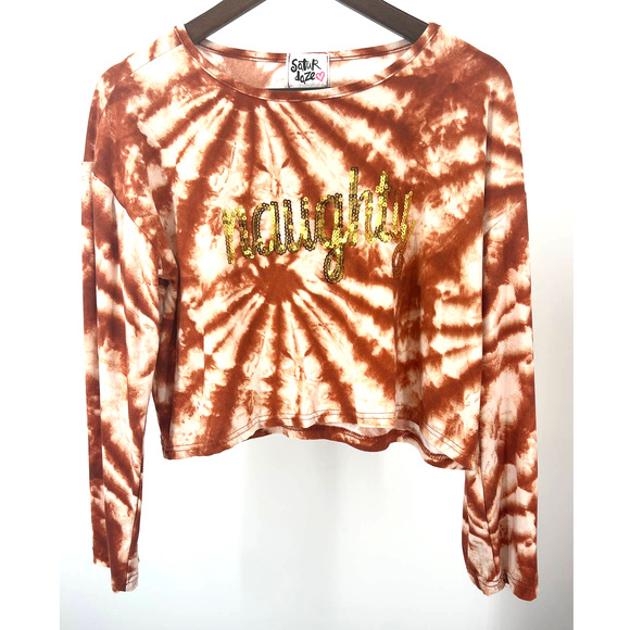 Saturdaze Pajama Set Naughty Tie Dye Rust Cream Pants and Cropped Top Sequins L - Picture 2 of 10